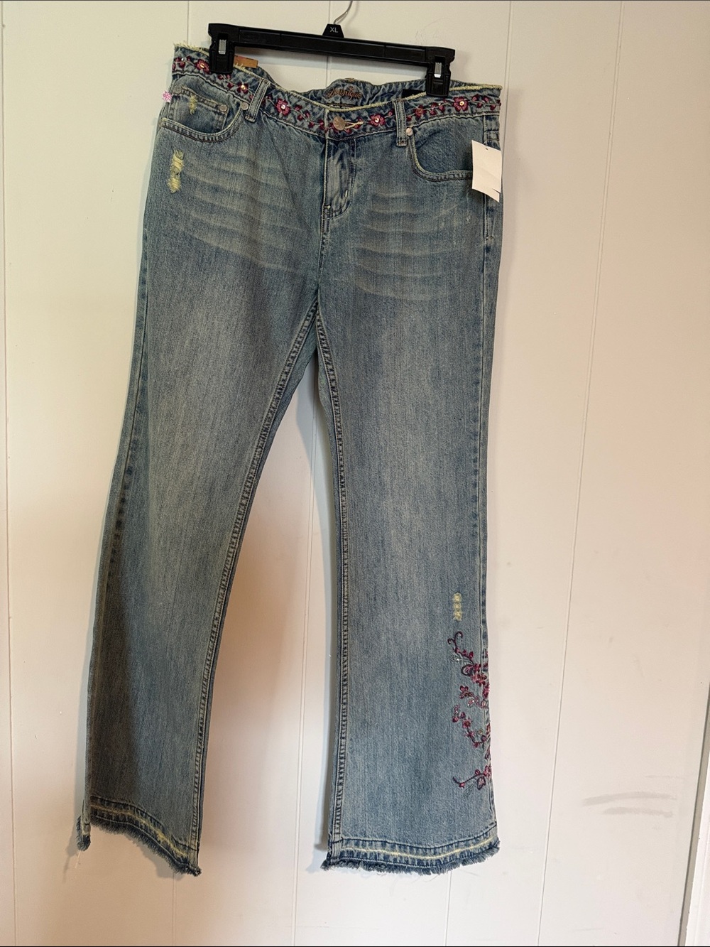 Younique Light Blue Flare Jeans with Pink Floral Embroidery Y2K